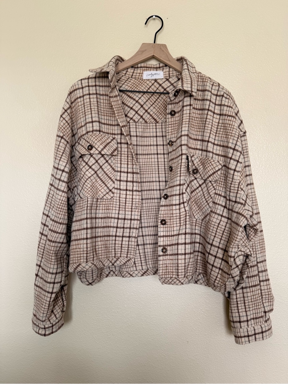 Carly Jean Los Angeles Plaid Button-Down Shirt Jacket - Beige & Brown